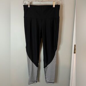 Xersion Black Leggings with Black-and-White Striped Lower Panels
